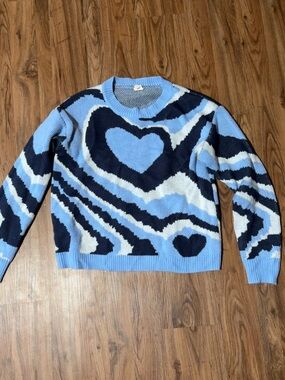IJoah Light Blue Abstract Heart Pattern Knit Sweater - Size L